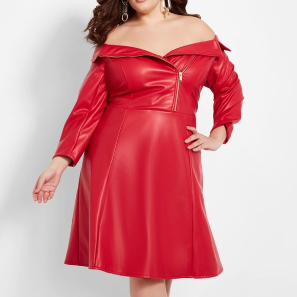 Ashley Stewart Dresses & Skirts - SEXY * RED FAUX LEATHER OFF~SHOULDER DRESS Sz. 30